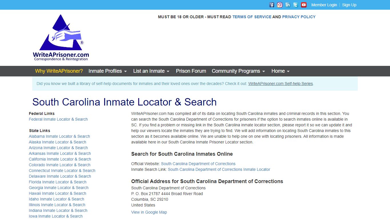 South Carolina Inmate Locator & Search | WriteAPrisoner.com